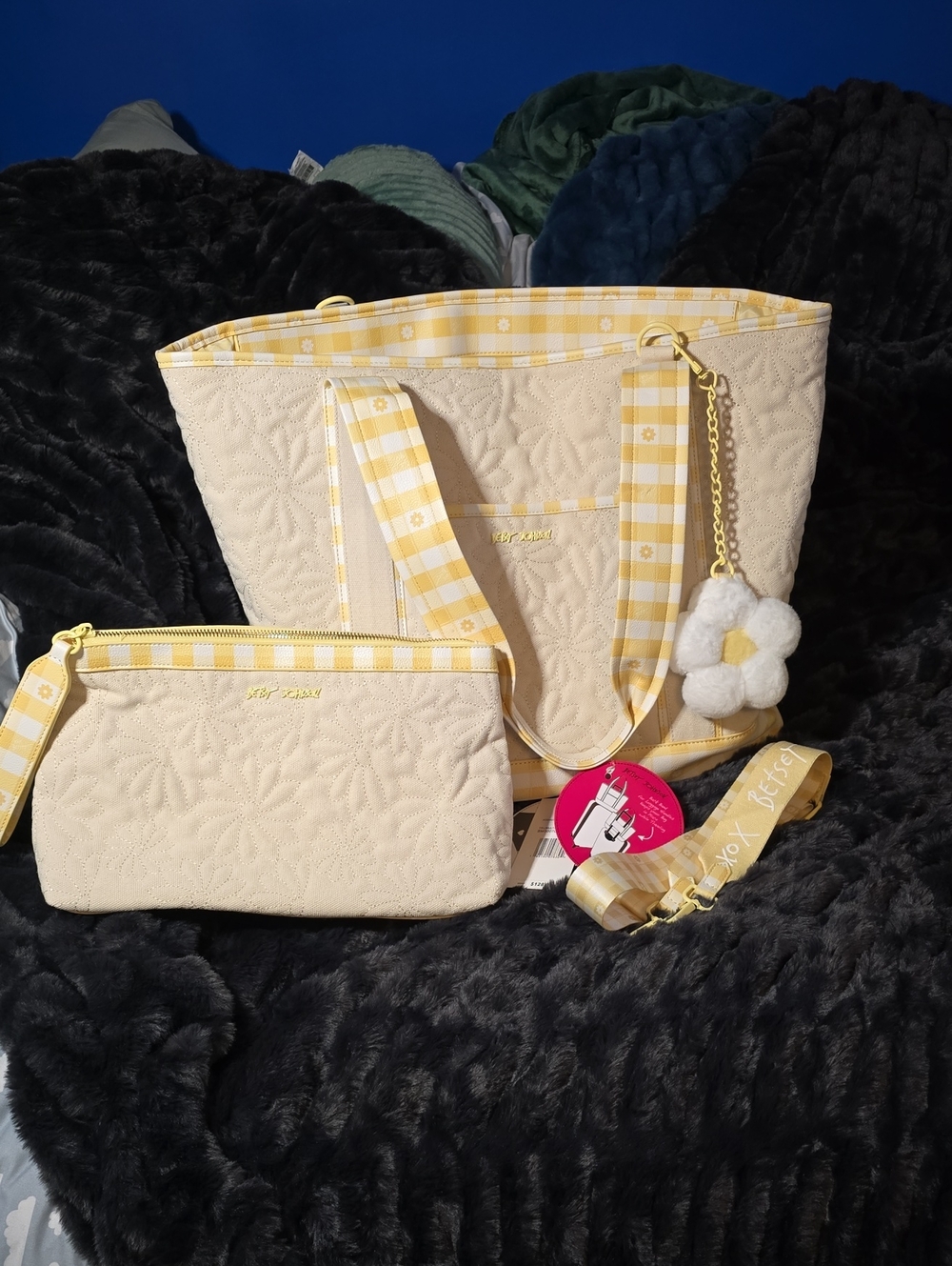 Betsey Johnson Cream Quilted Tote with Yellow Gingham Trim
